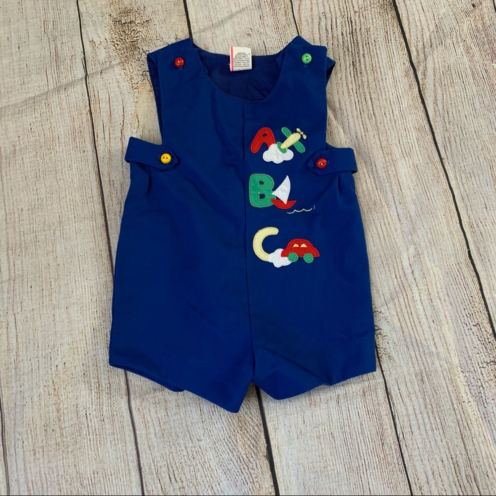 Vintage Blue ABC Plane Romper Overalls Car Size 18 months